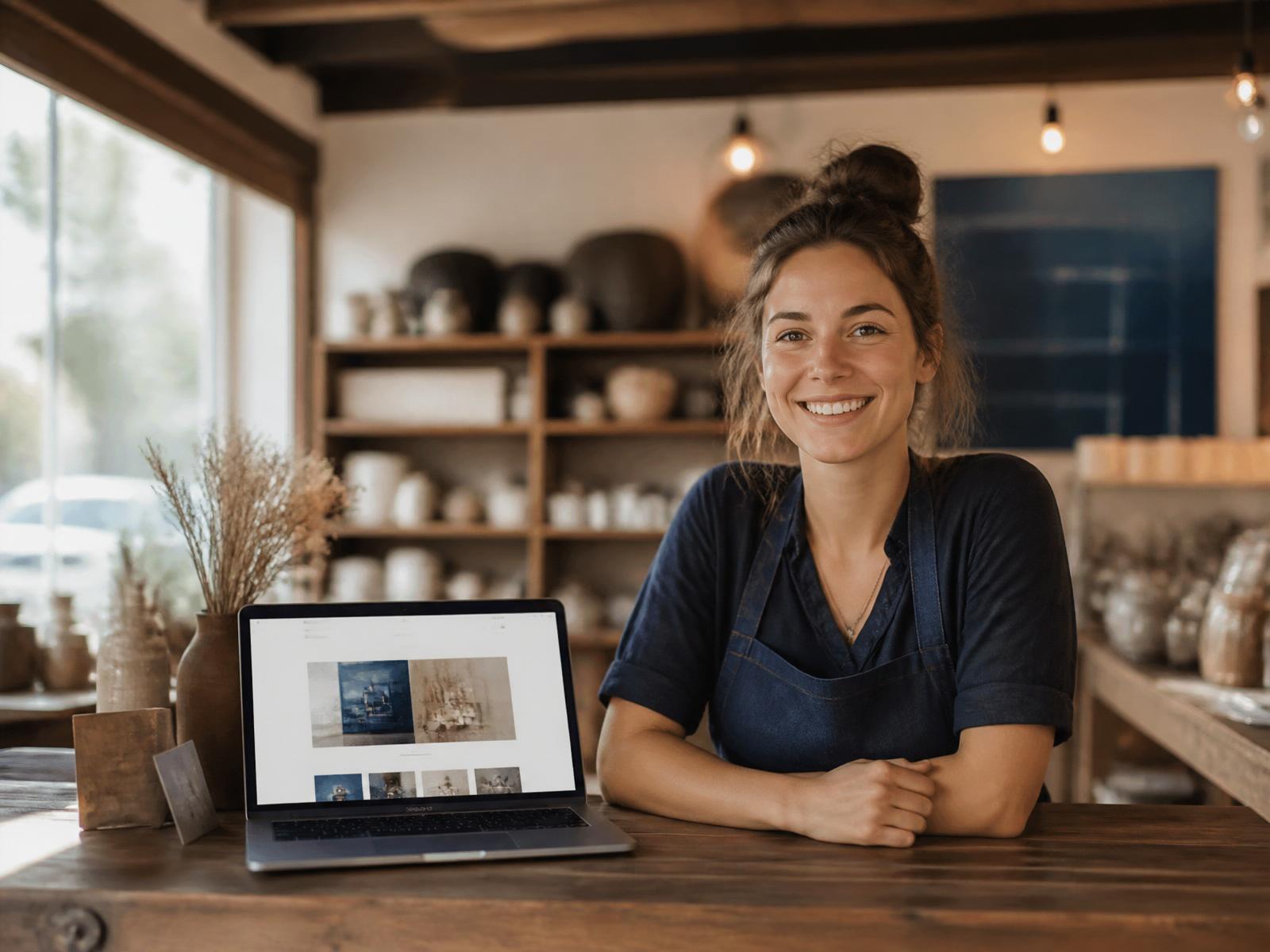 Small business owner smiling behind the counter of her local storefront, with a laptop showing her website.